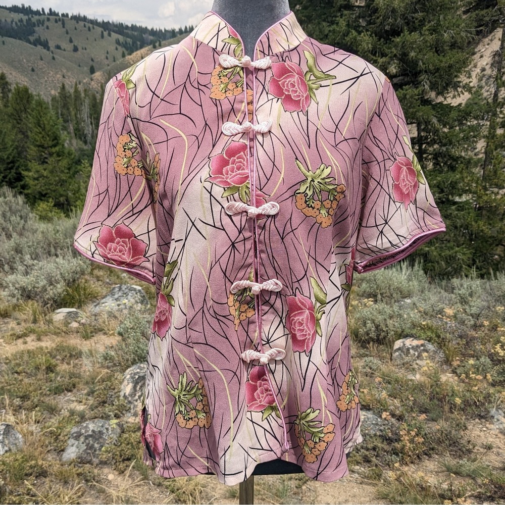 Vintage 90s Y2K Asian Floral Top M Mauve Pink Metallic Frog Button Mandarin